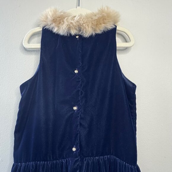 JANIE AND JACK Wide Leg Velvet Jumpsuit Girls 8 Navy Blue Faux Fur Collar Romper - Picture 4 of 8